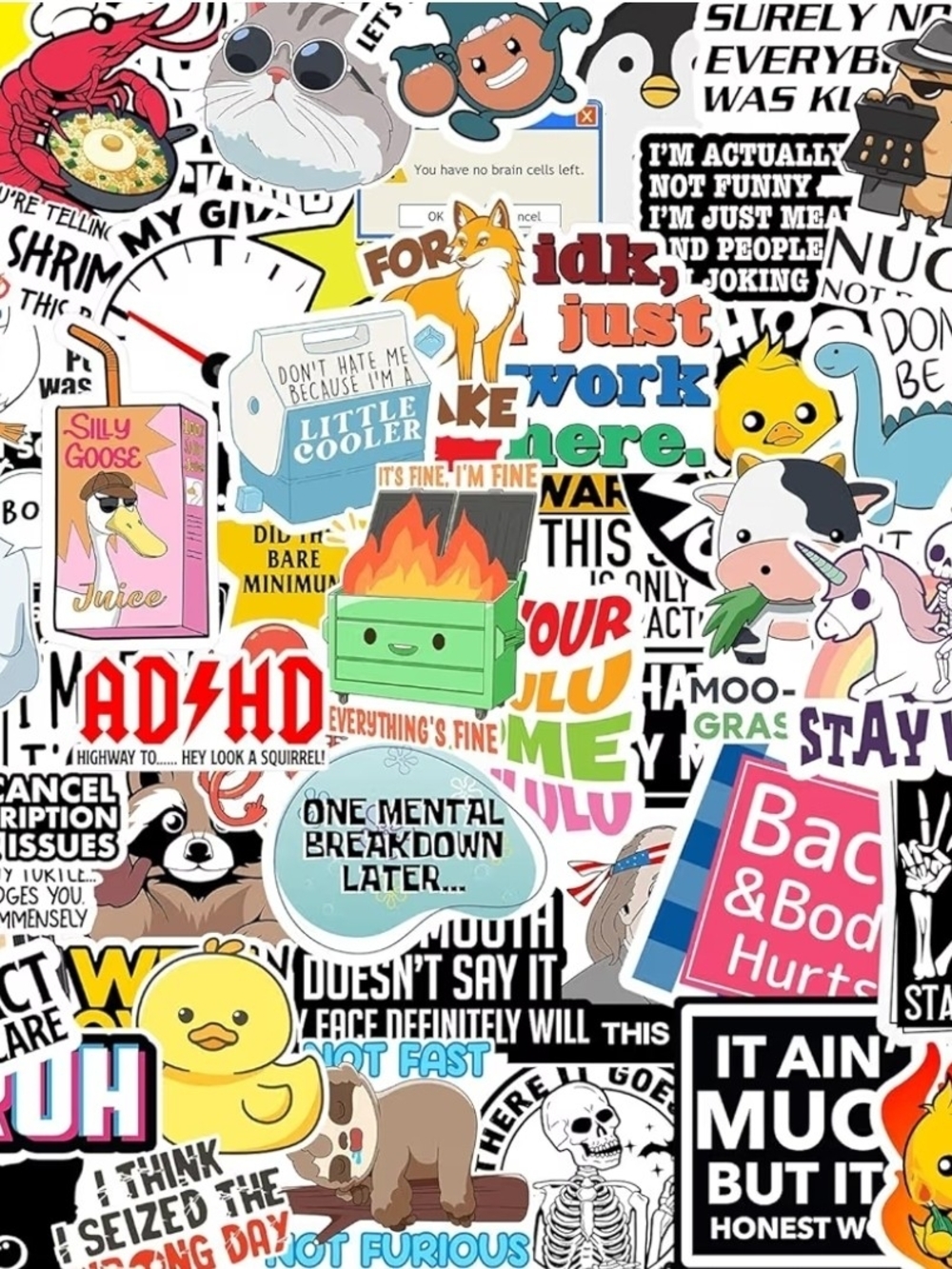 Colorful Sticker Collage Sheet — Assorted Cartoon & Phrase Stickers 100 Stickers